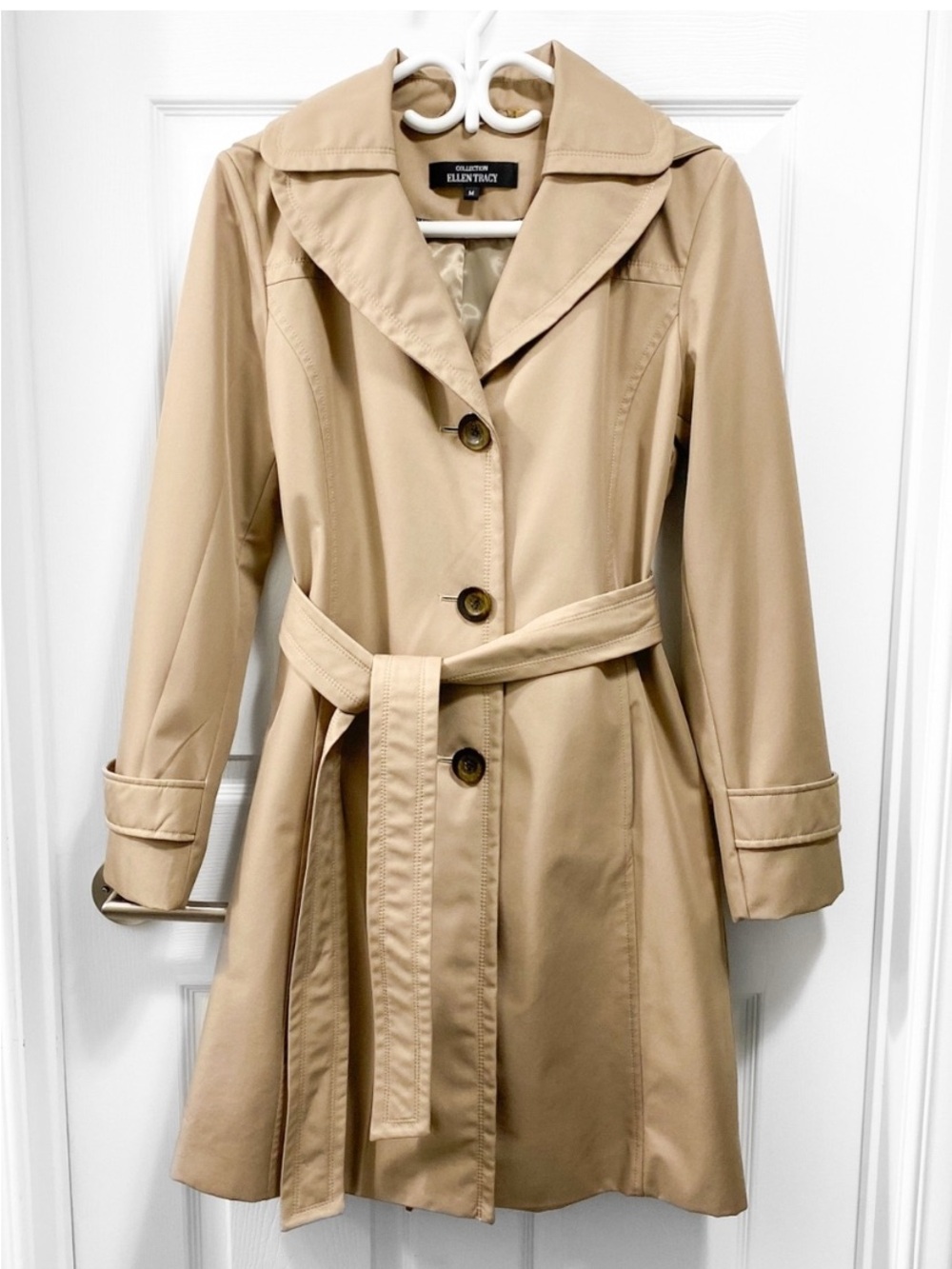 Ellen Tracy Classic Beige Trench Coat with Hood and Belt